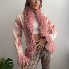 Load image into Gallery viewer, Pink and white tie dye effect faux fur trim jacket size 10
