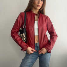 Load image into Gallery viewer, Red faux leather biker jacket size 12
