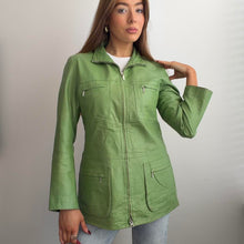 Load image into Gallery viewer, Green leather jacket zip up design size XS

