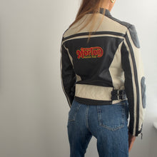 Load image into Gallery viewer, Black and cream leather biker racing jacket size small
