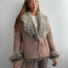 Load image into Gallery viewer, Brown faux suede coat with faux fur collar and cuffs size 14
