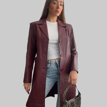 Load image into Gallery viewer, Burgundy red long leather blazer jacket size 18
