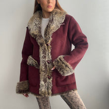 Load image into Gallery viewer, Burgundy red faux suede coat with brown faux fur size small
