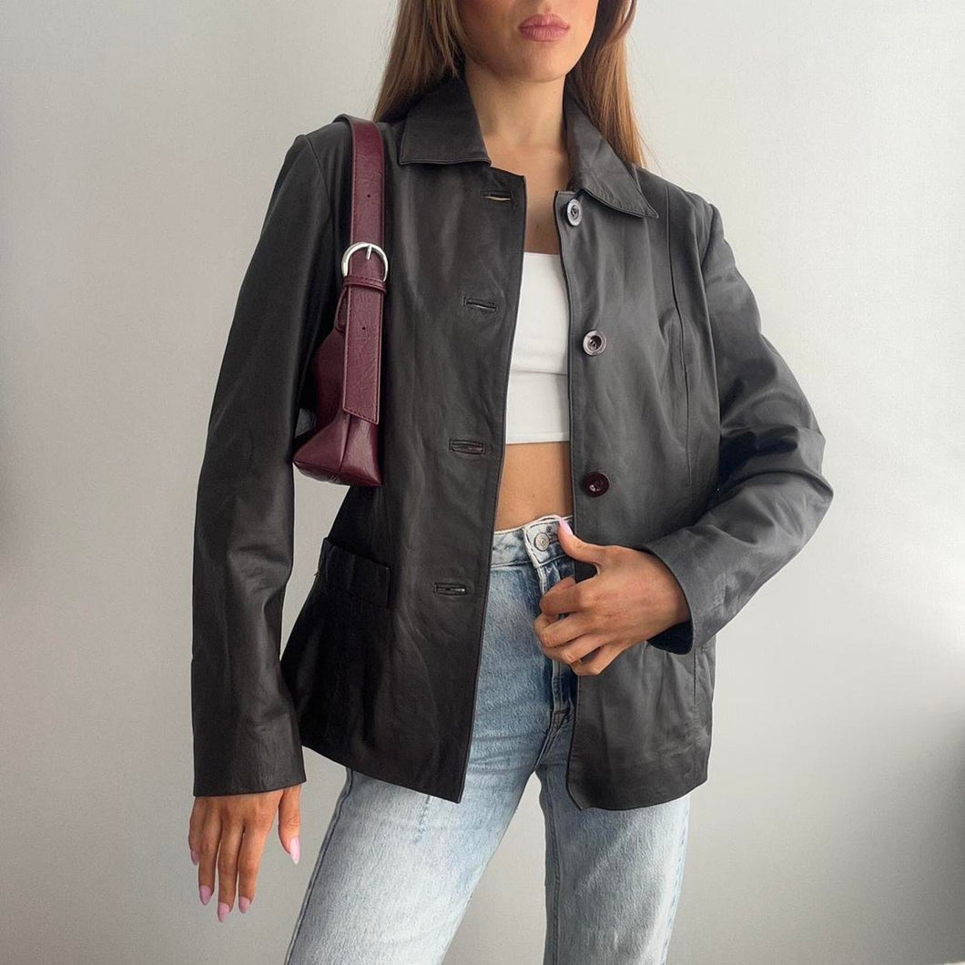 Dark chocolate button up leather jacket size 16