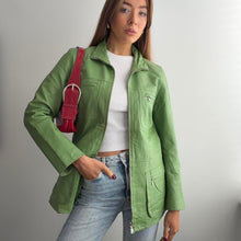 Load image into Gallery viewer, Green leather jacket zip up design size XS
