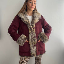 Load image into Gallery viewer, Burgundy red faux suede coat with brown faux fur size small
