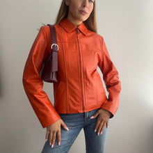 Load image into Gallery viewer, Orange leather zip up jacket size small

