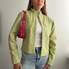Load image into Gallery viewer, Bright green zip up leather jacket size S/M
