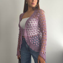 Load image into Gallery viewer, Purple glittery crochet cardigan top size small
