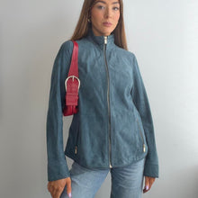Load image into Gallery viewer, Blue suede leather high neck zip up jacket size XL
