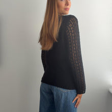 Load image into Gallery viewer, Black crochet cardigan with wooden floral buttons size M/L
