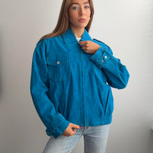 Load image into Gallery viewer, Bright blue suede leather jacket size 14
