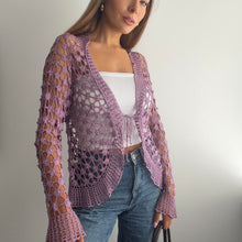 Load image into Gallery viewer, Purple glittery crochet cardigan top size small
