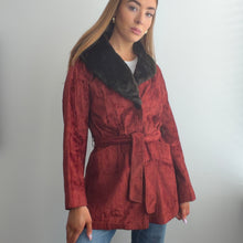 Load image into Gallery viewer, Burgundy red velvet belted coat with faux fur collar size 16
