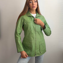 Load image into Gallery viewer, Green leather jacket zip up design size XS
