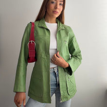 Load image into Gallery viewer, Green leather jacket zip up design size XS
