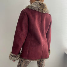 Load image into Gallery viewer, Burgundy red faux suede coat with brown faux fur size small
