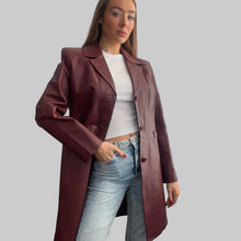 Load image into Gallery viewer, Burgundy red long leather blazer jacket size 18
