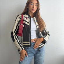 Load image into Gallery viewer, Black and cream leather biker racing jacket size small
