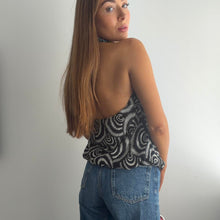Load image into Gallery viewer, Black and white swirl halter top with beaded neckline size 14
