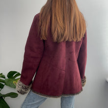 Load image into Gallery viewer, Burgundy red faux suede coat with brown faux fur size small
