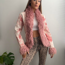 Load image into Gallery viewer, Pink and white tie dye effect faux fur trim jacket size 10
