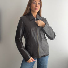Load image into Gallery viewer, Dark brown leather zip up jacket size 16
