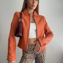 Load image into Gallery viewer, Orange leather jacket with collar size XL
