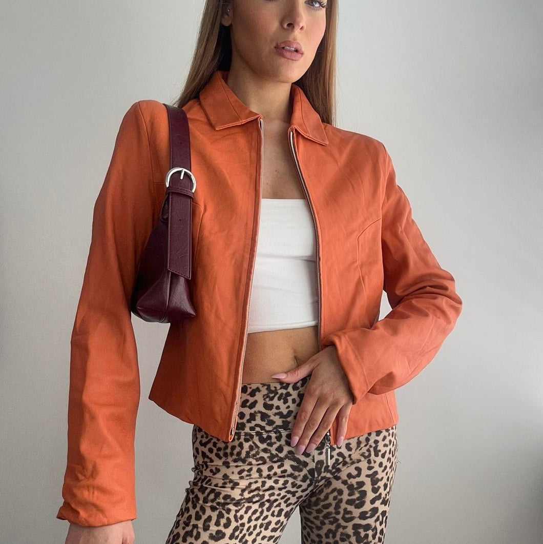Orange leather jacket with collar size XL