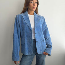 Load image into Gallery viewer, Unique blue embroidered suede blazer jacket size large
