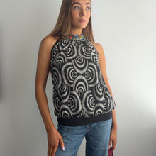 Load image into Gallery viewer, Black and white swirl halter top with beaded neckline size 14
