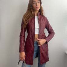 Load image into Gallery viewer, Burgundy long line leather jacket size XS
