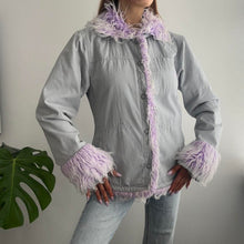 Load image into Gallery viewer, Grey jacket with lilac faux fur size 4
