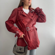 Load image into Gallery viewer, Red leather trench with belt size large
