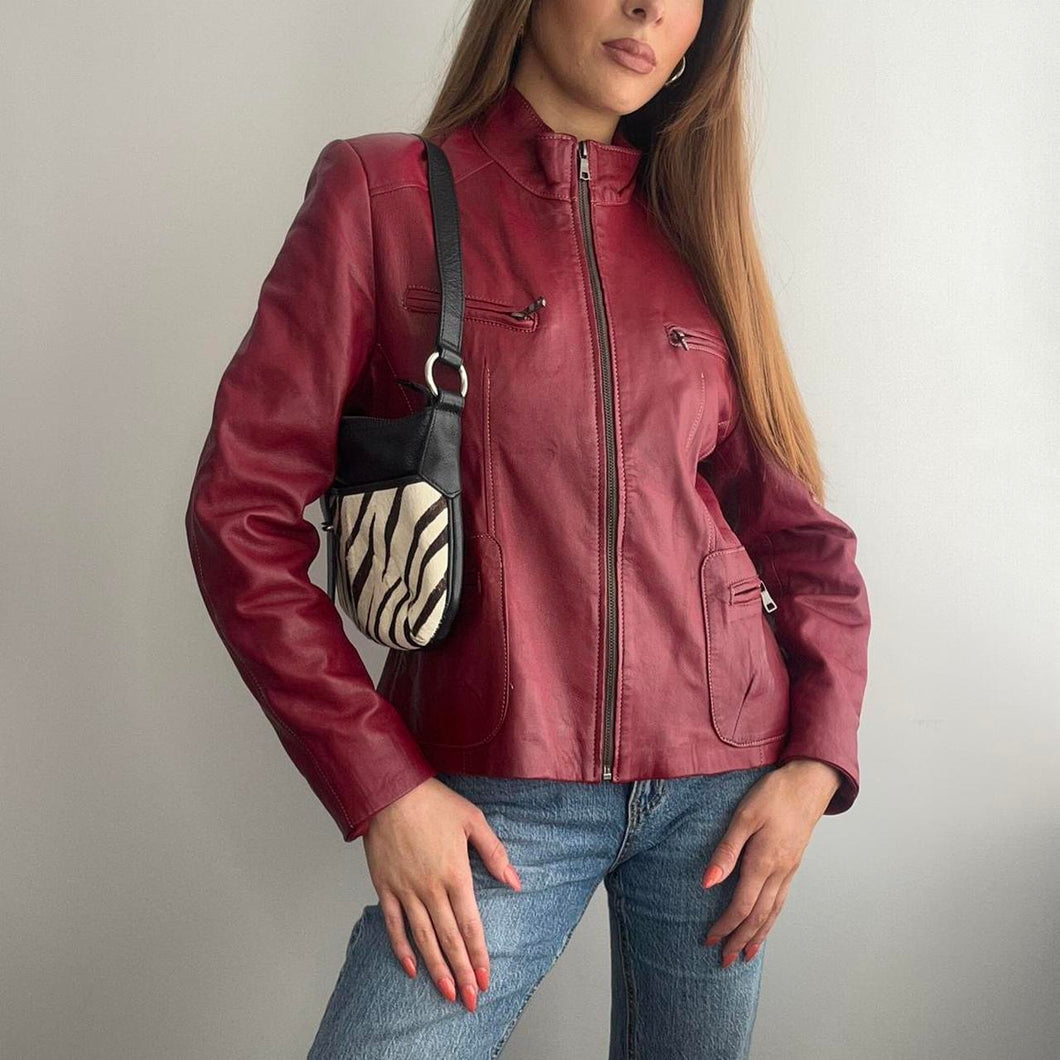 Burgundy red genuine leather biker jacket zip up design size large
