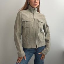 Load image into Gallery viewer, Khaki green funnel neck suede jacket size 12
