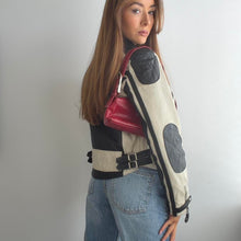 Load image into Gallery viewer, Black and cream leather biker racing jacket size small
