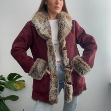 Load image into Gallery viewer, Burgundy red faux suede coat with brown faux fur size small
