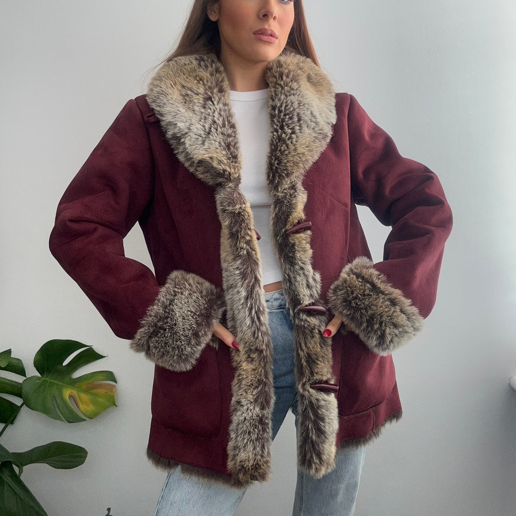 Burgundy red faux suede coat with brown faux fur size small