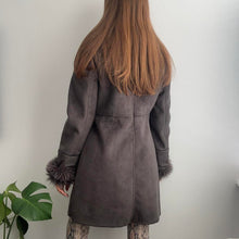 Load image into Gallery viewer, Grey suede coat with faux fur collar and cuffs size small
