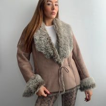 Load image into Gallery viewer, Brown faux suede coat with faux fur collar and cuffs size 14
