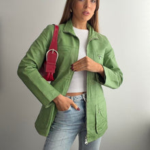 Load image into Gallery viewer, Green leather jacket zip up design size XS
