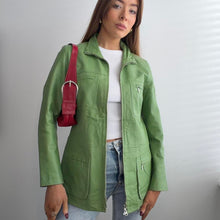 Load image into Gallery viewer, Green leather jacket zip up design size XS
