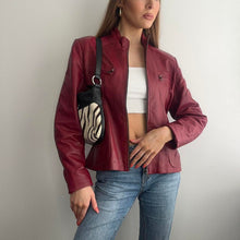 Load image into Gallery viewer, Burgundy red genuine leather biker jacket zip up design size large

