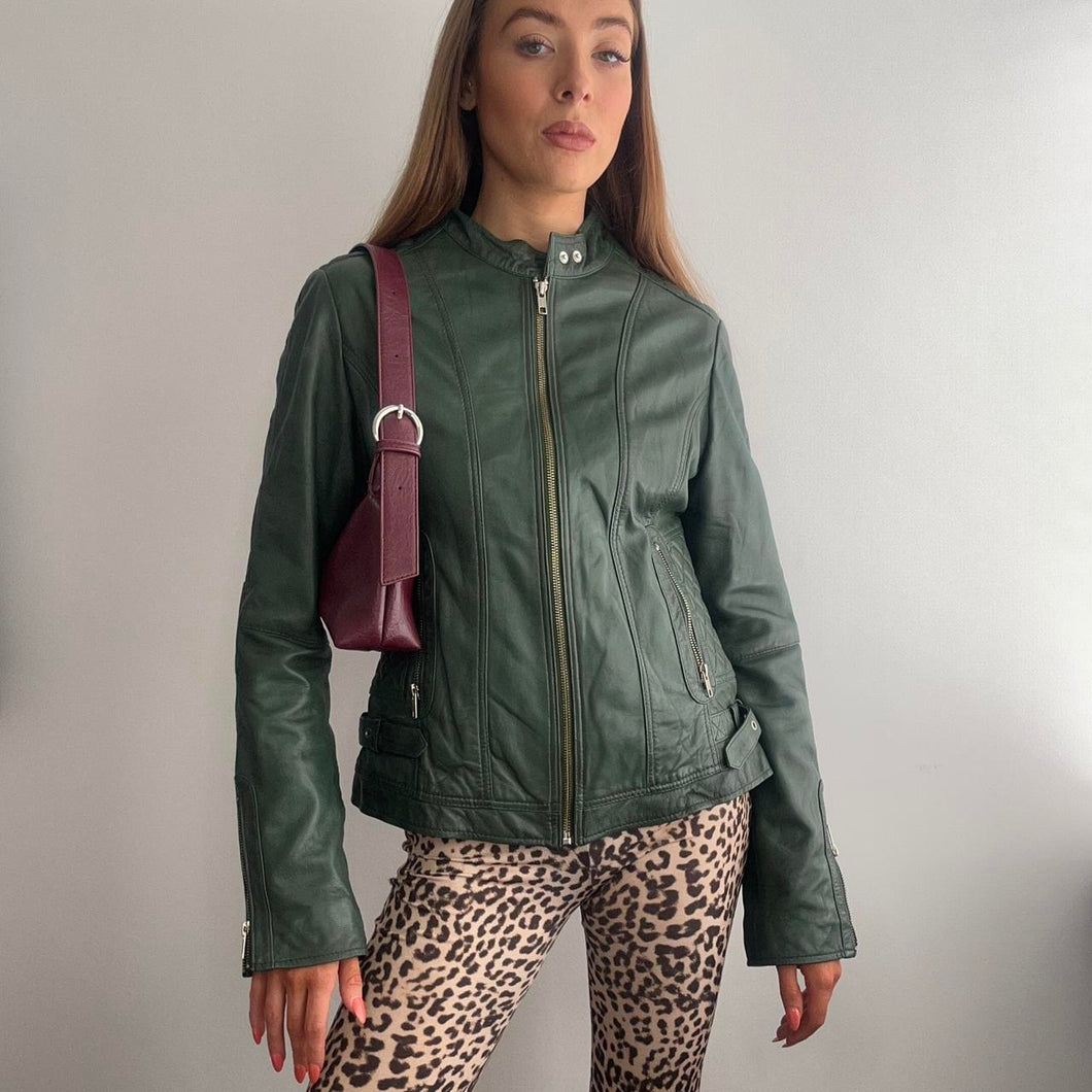 Dark green biker leather jacket size 16