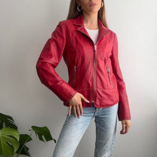 Load image into Gallery viewer, Red leather jacket with stitching detail size M
